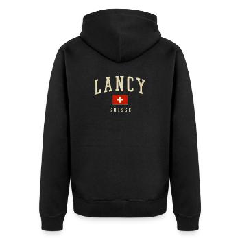 Lancy Suisse – city flair with a flag - Unisex Premium Organic Zip Hoodie - black - Back - Nico (187cm)
