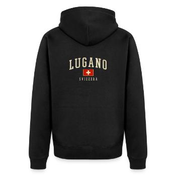 Lugano Schweiz Vintage Emblem - Unisex Premium Bio Zip Hoodie - Schwarz - Hinten - Nico (187cm)
