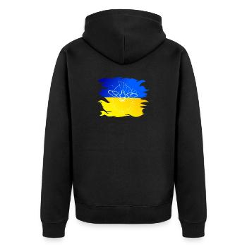 Ukraine Flagge mit Friedenstaube - Unisex Premium Bio Zip Hoodie - Schwarz - Hinten - Nico (187cm)