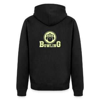 Retro Bowling Design in Neon Grün - Unisex Premium Bio Zip Hoodie - Schwarz - Hinten - Nico (187cm)