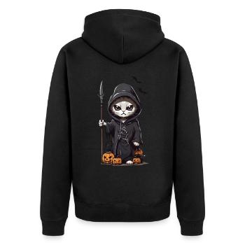 Niedliches Sensenmann Katzen Halloween Design - Unisex Premium Bio Zip Hoodie - Schwarz - Hinten - Nico (187cm)