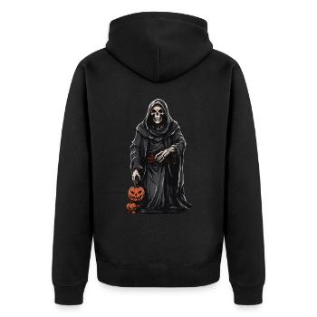 Death with Halloween Pumpkin Lantern Design - Unisex Premium Organic Zip Hoodie - black - Back - Nico (187cm)
