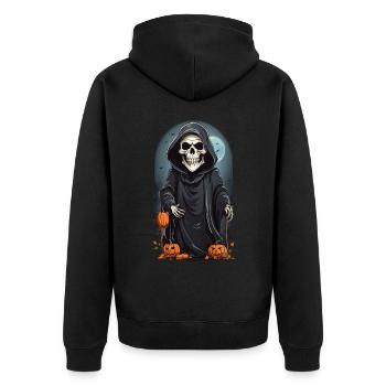Cartoon Skelett Grim Reaper Halloween Design - Unisex Premium Bio Zip Hoodie - Schwarz - Hinten - Nico (187cm)