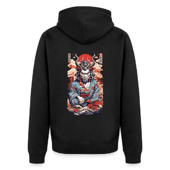 Oni Dämon Anime Streetwear Retro Design Ästhetik - Unisex Premium Bio Zip Hoodie - Schwarz - Hinten - Nico (187cm)