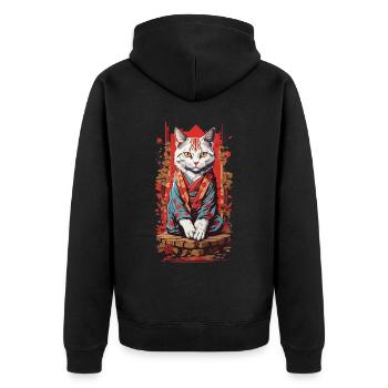 Japanische Ukiyo-E Katzen Geisha Kunst Design - Unisex Premium Bio Zip Hoodie - Schwarz - Hinten - Nico (187cm)