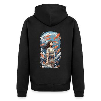 Japanische Ästhetik Kimono Koi Mädchen Design - Unisex Premium Bio Zip Hoodie - Schwarz - Hinten - Nico (187cm)