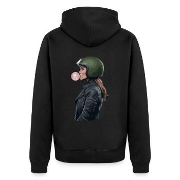 Coole Motorradfahrerin Bikerin kaut Kaugummi - Unisex Premium Bio Zip Hoodie - Schwarz - Hinten - Nico (187cm)