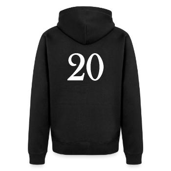 20. 20. JAHRESTAG. 20-JÄHRIGES JUBILÄUM. 20 JAHRE. - Unisex Premium Bio Zip Hoodie - Schwarz - Hinten - Nico (187cm)