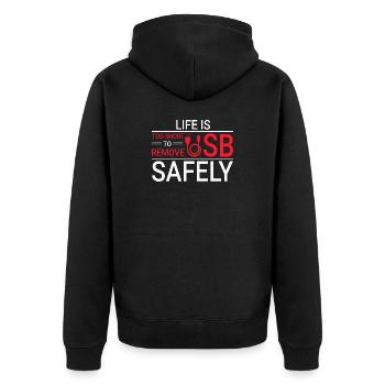 LIFE IS TOO SHORT TO REMOVE USB SAFELY Techie - Unisex Premium Bio Zip Hoodie - Schwarz - Hinten - Nico (187cm)