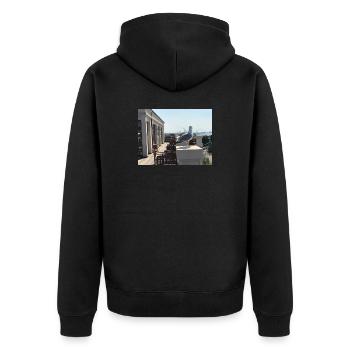 Möwenblick am Hafen Dachterrasse - Unisex Premium Bio Zip Hoodie - Schwarz - Hinten - Nico (187cm)