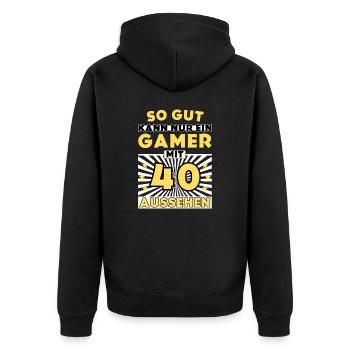 So gut kann nur ein Gamer mit 40 aussehen - Unisex Premium Bio Zip Hoodie - Schwarz - Hinten - Nico (187cm)
