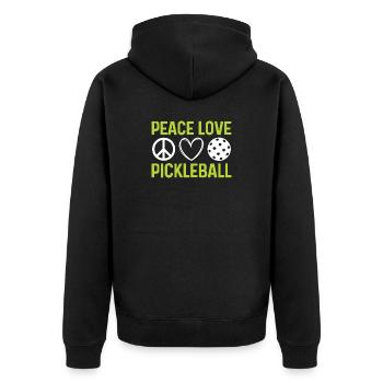 Frieden Liebe Pickleball - Unisex Premium Bio Zip Hoodie - Schwarz - Hinten - Nico (187cm)