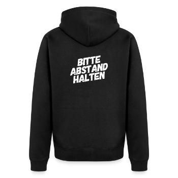 Bitte Abstand halten - Unisex Premium Bio Zip Hoodie - Schwarz - Hinten - Nico (187cm)