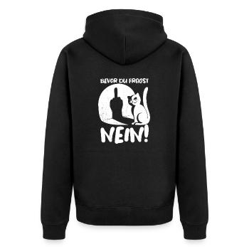 Bevor du fragst NEIN! - Katze Mittelfinger Spruch - Unisex Premium Bio Zip Hoodie - Schwarz - Hinten - Nico (187cm)