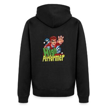 Highperformer in Siegerpose, wecke dein Potenzial - Unisex Premium Bio Zip Hoodie - Schwarz - Hinten - Nico (187cm)