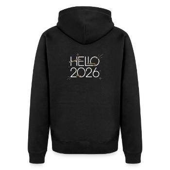 Neon Hallo 2026 - Unisex Premium Bio Zip Hoodie - Schwarz - Hinten - Nico (187cm)