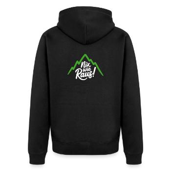 Nix wie raus – Freiheit in den Bergen - Unisex Premium Bio Zip Hoodie - Schwarz - Hinten - Nico (187cm)