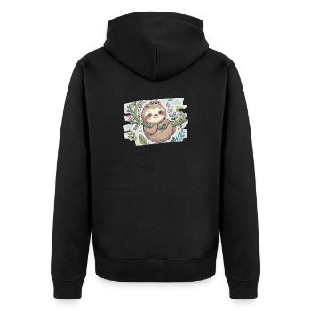 Niedliches Faultier auf Ast mit Blumen - Unisex Premium Bio Zip Hoodie - Schwarz - Hinten - Nico (187cm)