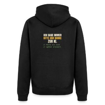Bitte und Danke zur KI – Nur für den Fall - Unisex Premium Bio Zip Hoodie - Schwarz - Hinten - Nico (187cm)