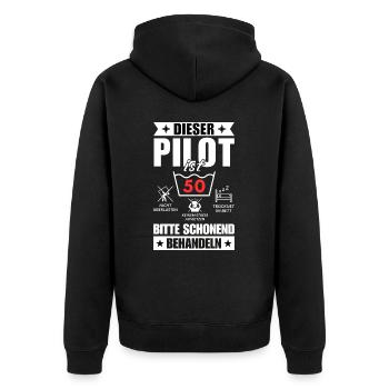 Dieser Pilot ist 50. Schonend behandeln - Unisex Premium Bio Zip Hoodie - Schwarz - Hinten - Nico (187cm)
