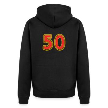 50. 50 YEARS. 50th ANNIVERSARY. 50 YEARS ANNIVERSARY. - Unisex Premium Organic Zip Hoodie - black - Back - Nico (187cm)