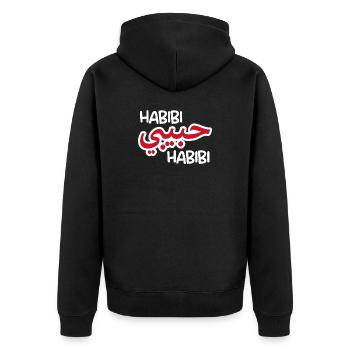 Habibi (dunkel) - Unisex Premium Bio Zip Hoodie - Schwarz - Hinten - Nico (187cm)