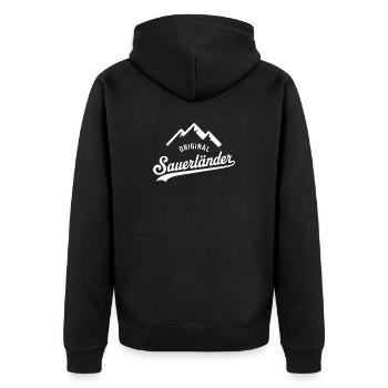 Sauerländer T-Shirt – Stolz, Humor & Heimatliebe - Unisex Premium Bio Zip Hoodie - Schwarz - Hinten - Nico (187cm)