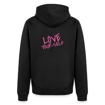 Love Your Self – Pink Selflove Statement - Unisex Premium Bio Zip Hoodie - Schwarz - Hinten - Nico (187cm)