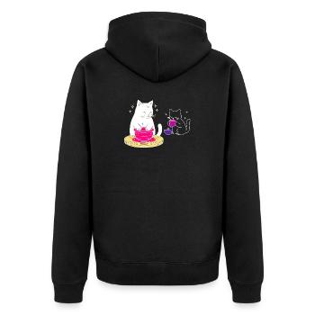 Handwerkerisches Katzenleben – Vom Rad zum Tee - Unisex Premium Bio Zip Hoodie - Schwarz - Hinten - Nico (187cm)
