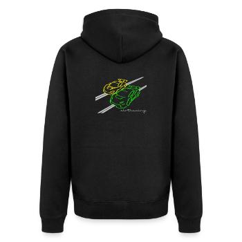 Slotracing 2 cars yellow green - Unisex Premium Bio Zip Hoodie - Schwarz - Hinten - Nico (187cm)