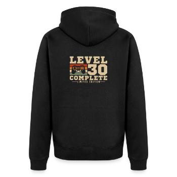 Level 30 abgeschlossen - Unisex Premium Bio Zip Hoodie - Schwarz - Hinten - Nico (187cm)