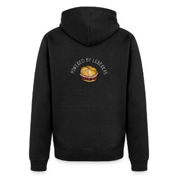 Powered by Leberkas – Leberkäse Spruch - Unisex Premium Bio Zip Hoodie - Schwarz - Hinten - Nico (187cm)