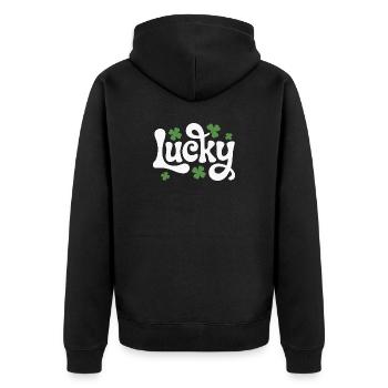 Lucky Kleeblatt Schriftzug - Unisex Premium Bio Zip Hoodie - Schwarz - Hinten - Nico (187cm)