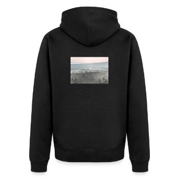 Sonnenaufgang in Bergen des Nebels - Unisex Premium Bio Zip Hoodie - Schwarz - Hinten - Nico (187cm)