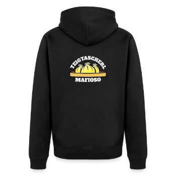 Teigtascherl Mafioso - Unisex Premium Bio Zip Hoodie - Schwarz - Hinten - Nico (187cm)