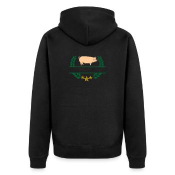 Schwein im grünen Lorbeerkranz - Unisex Premium Bio Zip Hoodie - Schwarz - Hinten - Nico (187cm)