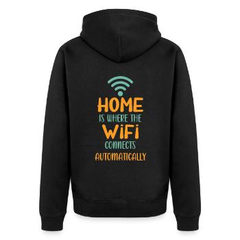 Zuhause ist, wo sich das WLAN automatisch verbindet - Unisex Premium Bio Zip Hoodie - Schwarz - Hinten - Nico (187cm)