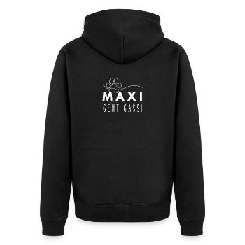 Maxi geht Gassi Hundenamen Hundepfote Hundeleine - Unisex Premium Bio Zip Hoodie - Schwarz - Hinten - Nico (187cm)