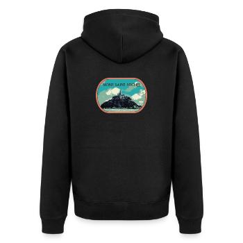 Illustration in blue and green of Mont Saint Michel - Unisex Premium Organic Zip Hoodie - black - Back - Nico (187cm)