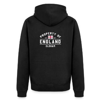 Property of England Oldham Flag - Unisex Premium Organic Zip Hoodie - black - Back - Nico (187cm)