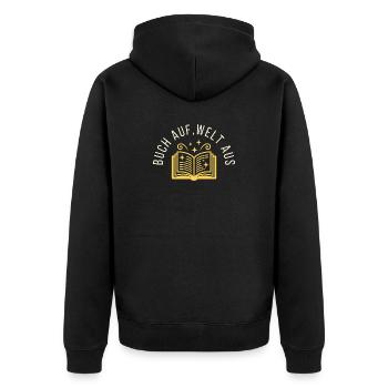 Buch auf Welt aus - Minimalistisches Bücherwurm De - Unisex Premium Bio Zip Hoodie - Schwarz - Hinten - Nico (187cm)