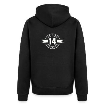 Conception anniversaire du badge n°14 - Veste à capuche bio Premium Unisexe - noir - Dos - Nico (187cm)