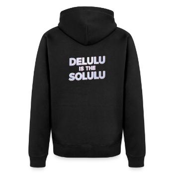 Delulu Is The Solulu 3D Silber Typografie - Unisex Premium Bio Zip Hoodie - Schwarz - Hinten - Nico (187cm)