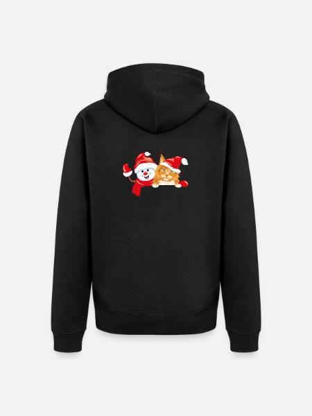 Waving happy snowman and ginger cat - Unisex Premium Organic Zip Hoodie - black