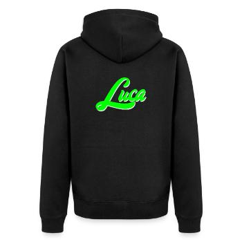 Luca Leuchtender Neon-Lettering Schriftzug - Unisex Premium Bio Zip Hoodie - Schwarz - Hinten - Nico (187cm)