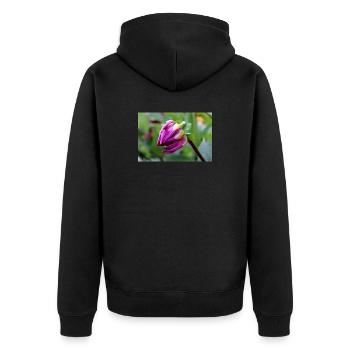 Dahlie rot violett Blüte ,Blume - Unisex Premium Bio Zip Hoodie - Schwarz - Hinten - Nico (187cm)
