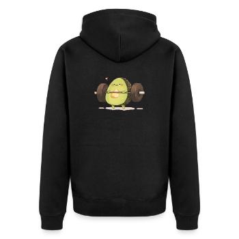 Humorvoller Avocado Muskeltraining - Unisex Premium Bio Zip Hoodie - Schwarz - Hinten - Nico (187cm)