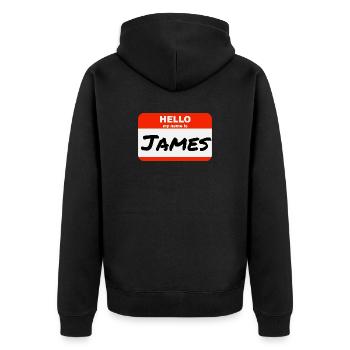 Hello My Name Is James Rotes Etikett mit Vorname - Unisex Premium Bio Zip Hoodie - Schwarz - Hinten - Nico (187cm)