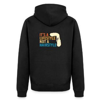 Mullet Haarschnitt Vokuhila - Unisex Premium Bio Zip Hoodie - Schwarz - Hinten - Nico (187cm)