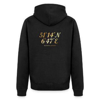 Düsseldorfer Koordinaten von Düsseldorf - Unisex Premium Bio Zip Hoodie - Schwarz - Hinten - Nico (187cm)